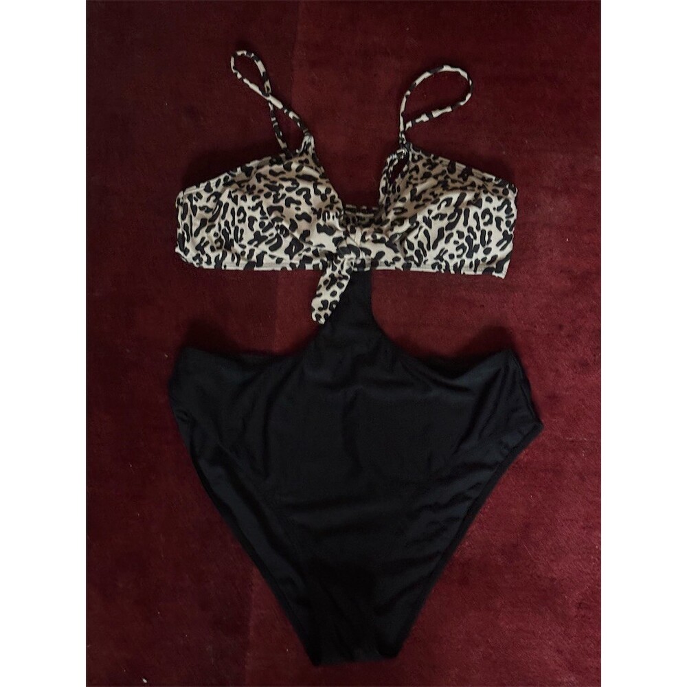 Womens Leopard Print Bikini Set Size L High-Waist Bottoms Tie-Front Top